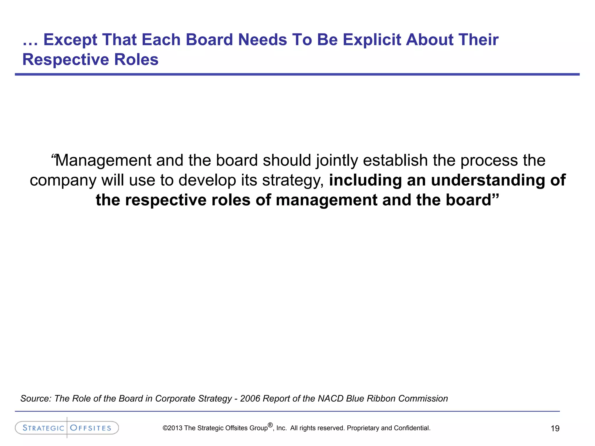 ©2013 The Strategic Offsites Group®, Inc. All rights reserved. Proprietary and Confidential.
… Except That Each Board Needs To Be Explicit About Their
Respective Roles
19
“Management and the board should jointly establish the process the
company will use to develop its strategy, including an understanding of
the respective roles of management and the board”
Source: The Role of the Board in Corporate Strategy - 2006 Report of the NACD Blue Ribbon Commission
 