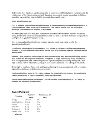 8) In India, Okra has been used successfully in experimental blood plasma replacements. To
retain most of Okra's nutrients and self-digesting enzymes, it should be cooked as little as
possible, e.g. with low heat or lightly steamed. Some eat it raw.

Other benefits reported:

Okra is an ideal vegetable for weight loss and is storehouse of health benefits provided it is
cooked over low flame to retain its properties. This also to ensure that the invaluable
mucilage contained in it is not lost to high heat.

For adding bounce your hair, boil horizontally sliced Okra till the brew become maximally
slimy. Cool it and add a few droops of lemon and use this as the last rinse and see your hair
spring back to youthfulness and jump.

Okra is an excellent laxative treats irritable bowels, heals ulcers and sooths the
gastrointestinal track.

Protein and oil contained in the seeds of Okra serves as the source of first-rate vegetable
protein. It is enriched with amino acids on the likes of tryptophan, cystine and other sulfur
amino acids.

Vitamin C is a powerful antioxidant and anti-inflammatory. This anti-inflammatory activity
may curtail the development of asthma symptoms. A large preliminary study has shown
that young children with asthma experience significantly less wheezing if they eat a diet
high in fruits rich in vitamin C. 1/2 cup of cooked Okra contains over 13 mg of vitamin C.

Diets high in insoluble fiber, such as those containing Okra, are associated with protection
against heart disease in both men and women.

The insoluble fiber found in Okra helps to keep the intestinal tract healthy, decreasing the
risk of some forms of cancer, especially colon-rectal cancer.

Eating plenty of flavonoid and vitamin C-rich fruits and vegetables such as Okra helps to
support the structure of capillaries.




Sweet Pumpkin
                   Nutrient       Percentage of
    Principle
                     Value             RDA
Energy          26 Kcal        1%
Carbohydrates   6.50 g         5%
Protein         1.0 g          2%
Total Fat       0.1 g          0.5%
Cholesterol     0 mg           0%
Dietary Fiber   0.5 g          2%
    Vitamins
 