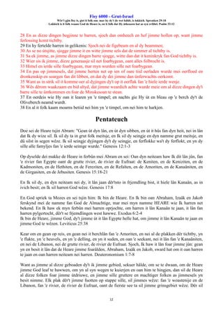 Fisy 6000 - Grut-Israel
Wêr't gjin fisy is, giet it folk om: mar hy dy't de wet hâldt, is lokkich. Spreuken 29:18
Lokkich is it folk waans God de Heare is, en it folk dat Hy útkeazen hat as syn erfdiel. Psalm 33:12
12
28 En as dizze dingen begjinne te barren, sjoch dan omheech en hef jimme hollen op; want jimme
ferlossing komt tichtby.
29 En hy fertelde harren in gelikenis: Sjoch nei de figebeam en al dy beammen;
30 As se no útsjitte, sjogge jimme it en witte jimme sels dat de simmer al tichtby is.
31 Sa ek jimme, as jimme dizze dingen barre sjogge, witte dan dat it keninkryk fan God tichtby is.
32 Wier sis ik jimme, dizze generaasje sil net foarbygean, oant alles folbrocht is.
33 Himel en ierde sille foarbygean, mar myn wurden sille net foarbygean.
34 En pas op jimmesels, dat jimme herten net op ien of oare tiid oerladen wurde mei oerfloed en
dronkenskip en soargen fan dit libben, en dat dy dei jimme dan ûnferwachts oerkomt.
35 Want as in strik sil it komme oer al dyjingen dy't op it oerflak fan 'e hiele ierde wenje.
36 Wês dêrom waakzaam en bid altyd, dat jimme weardich achte wurde meie om al dizze dingen dy't
barre sille te ûntkommen en foar de Minskesoan te stean.
37 En oerdeis wie Hy oan it learen yn 'e timpel; en nachts gie Hy út en bleau op 'e berch dy't de
Oliveberch neamd wurdt.
38 En al it folk kaam moarns betiid nei him yn 'e timpel, om nei him te harkjen.
Pentateuch
Doe sei de Heare tsjin Abram: "Gean út dyn lân, en út dyn sibben, en út it hûs fan dyn heit, nei in lân
dat Ik dy wize sil. Ik sil dy ta in grut folk meitsje, en Ik sil dy seingje en dyn namme grut meitsje, en
dû silst in segen wêze. Ik sil seingje dyjingen dy't dy seingje, en ferflokke wa't dy ferflokt, en yn dy
sille alle famyljes fan 'e ierde seinige wurde." Genesis 12:1-3
Op dyselde dei makke de Heare in ferbûn mei Abram en sei: Oan dyn neiteam haw Ik dit lân jûn, fan
'e rivier fan Egypte oant de grutte rivier, de rivier de Eufraat: de Keniten, en de Keniziten, en de
Kadmoniten, en de Hethiten, en de Fereziten, en de Refaïten, en de Amoriten, en de Kanaäniten, en
de Girgasiten, en de Jebusiten. Genesis 15:18-21
En Ik sil dy, en dyn neiteam nei dy, it lân jaan dêr'tsto in frjemdling bist, it hiele lân Kanaän, as in
ivich besit; en Ik sil harren God wêze. Genesis 17:8
En God spriek ta Mozes en sei tsjin him: Ik bin de Heare. En Ik bin oan Abraham, Izaäk en Jakob
ferskynd mei de namme fan God de Almachtige, mar mei myn namme HEARE wie Ik harren net
bekend. En Ik haw ek myn ferbûn mei harren oprjochte, om harren it lân Kanaän te jaan, it lân fan
harren pylgertocht, dêr't se frjemdlingen west hawwe. Exodus 6:2-4
Ik bin de Heare, jimme God, dy't jimme út it lân Egypte helle hat, om jimme it lân Kanaän te jaan en
jimme God te wêzen. Leviticus 25:38
Kear om en gean op reis, en gean nei it berchlân fan 'e Amoriten, en nei al de plakken dêr tichtby, yn
'e flakte, yn 'e heuvels, en yn 'e delling, en yn it suden, en oan 'e seekant, nei it lân fan 'e Kanaäniten,
en nei de Libanon, nei de grutte rivier, de rivier de Eufraat. Sjoch, Ik haw it lân foar jimme jûn: gean
yn en besit it lân dat de Heare jimme foarâlden, Abraham, Izaäk en Jakob, sward hat om it oan harren
te jaan en oan harren neiteam nei harren. Deuteronomium 1:7-8
Want as jimme al dizze geboaden dy't ik jimme gebied, sekuer hâlde, om se te dwaan, om de Heare
jimme God leaf te hawwen, om yn al syn wegen te kuierjen en oan him te hingjen, dan sil de Heare
al dizze folken foar jimme útdriuwe, en jimme sille gruttere en machtiger folken as jimmesels yn
besit nimme. Elk plak dêr't jimme fuotten op stappe sille, sil jimmes wêze: fan 'e woastenije en de
Libanon, fan 'e rivier, de rivier de Eufraat, oant de fierste see ta sil jimme grinsgebiet wêze. Dêr sil
 