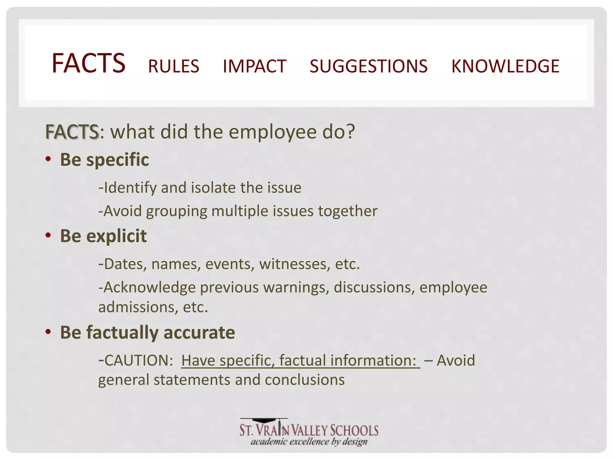 FACTS RULES IMPACT SUGGESTIONS KNOWLEDGE 
FACTS: what did the employee do? 
• Be specific 
-Identify and isolate the issue 
-Avoid grouping multiple issues together 
• Be explicit 
-Dates, names, events, witnesses, etc. 
-Acknowledge previous warnings, discussions, employee 
admissions, etc. 
• Be factually accurate 
-CAUTION: Have specific, factual information: – Avoid 
general statements and conclusions 
 