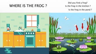 WHERE IS THE FROG ?
Did you find a frog?
Is the frog in the pond ?
Is the frog in the kitchen ?
 