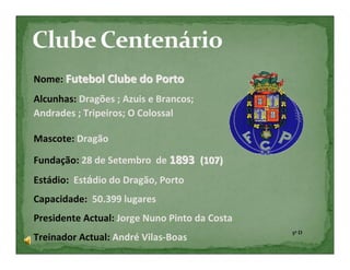 Nome: Futebol Clube do Porto
Alcunhas: Dragões ; Azuis e Brancos;
Andrades ; Tripeiros; O Colossal

Mascote: Dragão

Fundação: 28 de Setembro de 1893 (107)
Estádio: Estádio do Dragão, Porto
Capacidade: 50.399 lugares
Presidente Actual: Jorge Nuno Pinto da Costa
                                               5º D
Treinador Actual: André Vilas-Boas
 