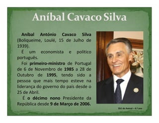 Eb1 de Avenal – 4.º ano




         Aníbal António Cavaco Silva
      (Boliqueime, Loulé, 15 de Julho de
      1939).
         É um economista e político
      português.
         Foi primeiro-ministro de Portugal
      de 6 de Novembro de 1985 a 28 de
      Outubro de 1995, tendo sido a
      pessoa que mais tempo esteve na
      liderança do governo do país desde o
      25 de Abril.
         É o décimo nono Presidente da
      República desde 9 de Março de 2006.
                                             Eb1 de Avenal – 4.º ano
 