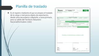 Planilla de traslado
 Es el registro mediante el que se ampara el traslado
de la carga o mercancía objeto de exportación,
desde zona secundaria o depósito, a zona primaria ,
para su salida del Territorio Aduanero
Nacional(formulario 1162)
 