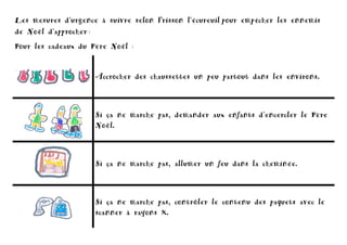 Les mesures d’urgence à suivre selon Frisson l’écureuil pour empêcher les ennemis
de Noël d’approcher :
Pour les cadeaux du Père Noël :
Accrocher des chaussettes un peu partout dans les environs.

Si ça ne marche pas, demander aux enfants d’encercler le Père
Noël.

Si ça ne marche pas, allumer un feu dans la cheminée.

Si ça ne marche pas, contrôler le contenu des paquets avec le
scanner à rayons X.

 