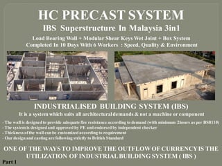 HC PRECAST SYSTEM
IBS Superstructure In Malaysia 3in1
Load Bearing Wall + Modular Shear Keys Wet Joint + Box System
Completed In 10 Days With 6 Workers : Speed, Quality & Environment
INDUSTRIALISED BUILDING SYSTEM (IBS)
It is a system which suits all architecturaldemands & not a machine or component
- The wall is designedto provide adequate fire resistance according to demand (with minimum 2hours as per BS8110)
- The system is designedand approved by PE and endorsed by independent checker
- Thickness ofthe wall canbe customizedaccording to requirement
- Our design and casting are following strictly to British Standard
ONE OF THE WAYSTO IMPROVE THE OUTFLOWOF CURRENCYIS THE
UTILIZATION OF INDUSTRIALBUILDING SYSTEM ( IBS )
Part 1
 