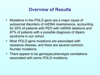 Overview of Results
• Mutations in the POLG gene are a major cause of
autosomal disorders of mtDNA maintenance, accounting
for 25% of patients with PEO with mtDNA deletions and
67% of patients with a possible diagnosis of Alpers
syndrome in our cohort.
• Most POLG gene mutations are associated with
recessive disease, and there are several common
founder mutations.
• There appear to be genotype:phenotype correlations
associated with some POLG mutations.
 