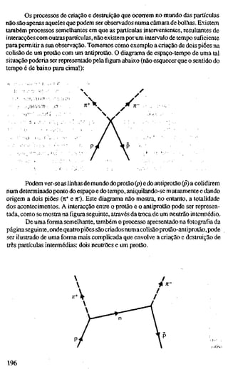 Os processos de criação e destruição que ocorrem no mundo das partículas
não são apenas aqueles que podem ser observados numa câmara de bolhas. Existem
também processos semelhantes em que as partículas intervenientes, resultantes de
interacções com outraspartículas, não existem por um intervalo de tempo suficiente
para permitir a sua observação. Tomemos como exemplo a criação de dois piées na
colisão de um protão com um antiprotão. O diagrama de espaço-tempo de uma tal
situação poderia ser representado pelafiguraabaixo (não esquecer que o sentido do
tempo é de baixo para cima!):
. / O ü ? • • ... ;;,;.;,, 

ííO-jrn : i ^ •• ;
;t+V
ííO-jrn :
 /
í , , : - ^  •
/ ,
Podem ver-se as linhas demundo doprotão (p) edo antiprotão (p) a colidirem
num determinado ponto do espaço e do tempo, aniquilando-se mutuamente e dando
origem a dois piões (jC e TC). Este diagrama não mostra, no entanto, a totalidade
dos acontecimentos. A interacção entre o protão e o antiprotão pode ser represen-
tada, como se mostra na figura seguinte, através da troca de um neutrão intermédio.
De uma forma semelhante, também o processo apresentado na fotografia da
páginaseguinte, onde quatro piões sãocriadosnumacolisãoprotão-antiprotão,pode
ser ilustrado de uma forma mais complicada que envolve a criação e destruição de
três partículas intermédias: dois neutrões e um protão.
196
 