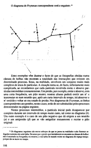 o diagrama de Feynman correspondente será o seguinte: *
 - •
Estes exemplos vêm ilustrar o facto de que as fotografias obtidas numa
câmara de bolhas não mostram a totalidade das interacções que existem em
determinado processo. Estas, na realidade, envolvem um conjunto muito mais
complexo de troca de partículas. A situação toma-se, de facto, infinitamente mais
complicada, ao recordarmos que cada partícula envolvida emite e absorve par-
tículas intermédias constantemente. Um protão, por exemplo, emite e absorve, com
uma certa frequência, um pião neutro; noutras alturas poderá emitir um n* e
transmutar-se num neutrão que, após um curto intervalo de tempo, irá absorver o
n* emitido e voltar ao seu estado de protão. Nos diagramas de Feynman, as linhas
correspondentes aos protões, nestes casos, terão de ser substituídas pelos processos
demonstrados na página seguinte.
Nestes processos intermédios, a partícula inicial pode desaparecer por
completo durante um intervalo de tempo muito curto, tal como no diagrama (b).
Um outro exemplo é o caso de um pião negativo que dá origem a um neutrão
(n) e um antiprotão (p) que se vão aniquiliar mutuamente e recriar o pião
original:
* Os diagramas seguintes são meros esboços do que se passa na realidade e não üiistram os
ângulos correctos de cada linlia. De notar que o protão que inicialmente se encontra na câmara de bolhas
não é mostrado na fotografia; no entanto, a sua linha de mundo existe no diagrama de espaço-tempo
porque ele se move no tempo.
198
 