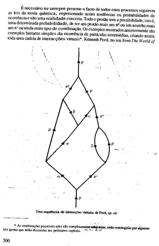 E necessáno ter sempre presente o facto de todos estes processos seguirem
as leis da teona quântica, representado assim tendências ou probabilidades de
ocorrência e não uma realidade concreta. Todo o protão tem a possibilidade isto é
uma determmada probabilidade, de ser um protão mais um n° ou um neutrão mais
um K^ ou amda outro tipo de combinação. Os exemplos mostrados anteriormente são
exemplos bastante simples da ocorrência de partículas intermédias, criando assim
toda uma cadeia de interacções virtuais*. Kenneth Ford, no seu livro The World of
Uma sequência de interacções virtuais; de Ford, op. cit.
* As combinações possíveis não são completamentea*itráfias, estão restringidas por algumas
ais que serão discutidas no oróximo canímlo «'r;n;,j>oF » r s
leis gerais que serão discutidas no próximo capítulo.
200
 