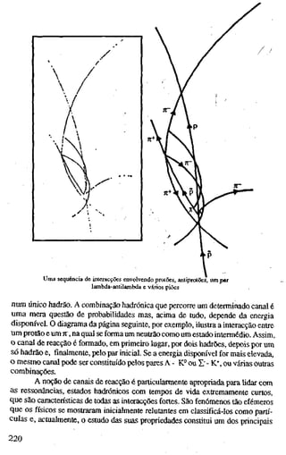 jr+-
Uma sequência de interacções envolvendo protões, antiprotões, um par
lambda-antilambda e vários piões
num único hadrão. A combinação hadrónica que percorre um determinado canal é
uma mera questão de probabilidades mas, acima de tudo, depende da energia
disponível. O diagrama da página seguinte, por exemplo, ilustra a interacção entre
um protão e um jt", na qual se forma um neutrão como um estado intermédio. Assim,
o canal de reacção é formado, em primeiro lugar, por dois hadrões, depois por um
só hadrão e, finalmente, pelo par inicial. Se a energia disponível for mais elevada,
o mesmo canal pode ser constituído pelos pares A - K° ou Z" - K"^, ou várias outras
combinações.
A noção de canais de reacção é particularmente apropriada para lidar com
as ressonâncias, estados hadrónicos com tempos de vida extremamente curtos,
que são características de todas as interacções fortes. São fenómenos tão efémeros
que os físicos se mostraram inicialmente relutantes em classificá-los como partí-
culas e, actualmente, o estudo das suas propriedades constitui um dos principais
220
 