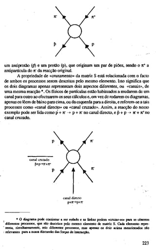 um antiprotão (p) e um protão (p), que originam um par de piões, sendo o 7
C
* a
antipartícula do TI' da reacção original.
A propriedade de «cruzamento» da matriz S está relacionada com o facto
de ambos os processos serem descritos pelo mesmo elemento. Isto significa que
os dois diagramas apenas representam dois aspectos diferentes, ou «canais», de
uma mesmareacção*. Os físicos de partículas estão habituados a mudarem de um
canal para outro ao efectuarem os seus cálculos e, em vez de rodarem os diagramas,
apenas os lêem de baixo para cima, ou da esquerda para a direita, e referem-se a tais
processos como «canal directo» ou «canal cruzado». Assim, a reacção do nosso
exemplo pode ser lida como p + TT -^ p + TT no canal directo, e p + p ^ 7t" + n* no
canal cruzado.
canal directo
p+ír->p+7r
* O diagrama pode continuar a ser rodado e as linhas podem «cruzar-se» para se obterem
diferentes {»ocessos, que são descritos pelo mesmo elemento de matriz S. Cada elemento repre-
' senta, simultaneamente, seis diferentes processos, mas apenaS' os dois acima mencionados são
: relevantes para a nossa discussão das forças de interacção.
223
 