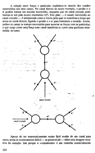 A relação entre forças e partículas estabelece-se através dos estados
intermédios nos dois canais. No canal directo do nosso exemplo, o protão e o
n' podem formar um neutrão intermédio, enquanto que no canal cruzado pode
formar-se um pião neutro intermédio (7C°). Este pião — o estado intermédio no
canal cruzado — é interpretado como a forma pela qual se manifesta a força que
actua no canal directo, ligando o protão e o TT para formarem o neutrão. Assim,
ambos os canais se tomam necessários para associar as forças com as partículas;
o que surge como uma torça num canal manifesta-se como uma partícula inter-
média no outro.
j
canal directo
Apesar de ser matematicamente muito fácil mudar de um canal para
outro, toma-se extremamente difícil — se possível até — obter uma imagem intui-
tiva da situação. Isto porque o «cruzamento» é um conceito essencialmente
224
 