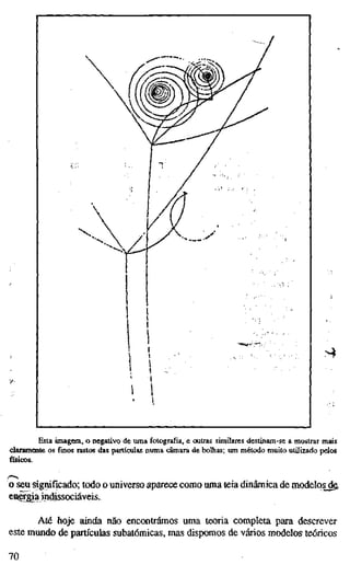 >^
Esta imagem, o negativo de uma fotografia, e outras similares destinam-se a mostrar mais
claramente os finos rastos das partículas numa câmara de bolhas; um método muito utilizado pelos
físicos.
o seu significado; todo o universo aparece como uma teia dinâmica de inodelqs^g,
eng^a indissociáveis.
Até hoje ainda não encontrámos uma teoria completa para descrever
este mundo de partículas subatômicas, mas dispomos de vários modelos teóricos
70
 