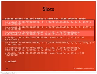 Slots
       strace output “select count(*) from t2”, with 10046/8 trace
       io_submit(140167602286592, 1, {{0x7f7b4e21e1f8, 0, 0, 0, 257}}) =
       1 <0.000132>
       io_submit(140167602286592, 1, {{0x7f7b4e21e450, 0, 0, 0, 257}}) =
       1 <0.000084>
       io_getevents(140167602286592, 1, 128, {{0x7f7b4e21e1f8,
       0x7f7b4e21e1f8, 122880, 0}}, {600, 0}) = 1 <0.020276>
       write(8, "WAIT #140167568279536: nam='dire"..., 131) = 131
       <0.000010>
       io_submit(140167602286592, 1, {{0x7f7b4e21e1f8, 0, 0, 0, 257}}) =
       1 <0.000122>
       io_getevents(140167602286592, 1, 128, {{0x7f7b4e21e450,
       0x7f7b4e21e450, 122880, 0}}, {600, 0}) = 1 <0.013228>
       write(8, "WAIT #140167568279536: nam='dire"..., 131) = 131
       <0.000010>

       * edited


         76

Thursday, September 20, 12
 