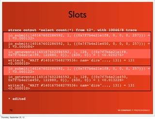 Slots
       strace output “select count(*) from t2”, with 10046/8 trace
       io_submit(140167602286592, 1, {{0x7f7b4e21e1f8, 0, 0, 0, 257}}) =
       1 <0.000132>
       io_submit(140167602286592, 1, {{0x7f7b4e21e450, 0, 0, 0, 257}}) =
       1 <0.000084>
       io_getevents(140167602286592, 1, 128, {{0x7f7b4e21e1f8,
       0x7f7b4e21e1f8, 122880, 0}}, {600, 0}) = 1 <0.020276>
       write(8, "WAIT #140167568279536: nam='dire"..., 131) = 131
       <0.000010>
       io_submit(140167602286592, 1, {{0x7f7b4e21e1f8, 0, 0, 0, 257}}) =
       1 <0.000122>
       io_getevents(140167602286592, 1, 128, {{0x7f7b4e21e450,
       0x7f7b4e21e450, 122880, 0}}, {600, 0}) = 1 <0.013228>
       write(8, "WAIT #140167568279536: nam='dire"..., 131) = 131
       <0.000010>

       * edited


         76

Thursday, September 20, 12
 