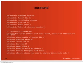 ‘autotune’
            kcbldrsini: Timestamp 61180 ms
            kcbldrsini: Current idx 16
            kcbldrsini: Initializing kcbldrps
            kcbldrsini: Slave idx 17
            kcbldrsini: Number slots 2
            kcbldrsini: Number of slots per session 2

            *** 2011-11-28 22:58:48.808
            kcblsinc:Timing time 1693472, wait time 1291416, ratio 76 st 248752270 cur
            250445744
            kcblsinc: Timing curidx 17 session idx 17
            kcblsinc: Timestamp 64180 ms
            kcblsinc: Current idx 17
            kcblsinc: Slave idx 17
            kcblsinc: Number slots 2
            kcblsinc: Number of slots per session 2
            kcblsinc: Previous throughput 8378 state 2
            kcblsinc: adaptive direct read mode 1, adaptive direct write mode 0


         79

Thursday, September 20, 12
 