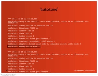‘autotune’
            *** 2011-11-28 22:58:54.988
            kcblsinc:Timing time 2962717, wait time 2923226, ratio 98 st 253662983 cur
            256625702
            kcblsinc: Timing curidx 19 session idx 19
            kcblsinc: Timestamp 70270 ms
            kcblsinc: Current idx 19
            kcblsinc: Slave idx 19
            kcblsinc: Number slots 2
            kcblsinc: Number of slots per session 2
            kcblsinc: Previous throughput 11210 state 1
            kcblsinc: adaptive direct read mode 1, adaptive direct write mode 0
            kcblsinc: Adding extra slos 1

           *** 2011-11-28 22:58:58.999
           kcblsinc:Timing time 4011239, wait time 3528563, ratio 87 st 256625785 cur
           260637026
           kcblsinc: Timing curidx 20 session idx 20
           kcblsinc: Timestamp 74170 ms
           kcblsinc: Current idx 20
           kcblsinc: Slave idx 20
           kcblsinc: Number slots 3
         80
           kcblsinc: Number of slots per session 3
Thursday, September 20, 12
 