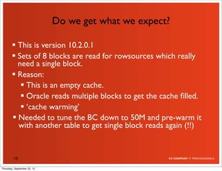 Do we get what we expect?

         This is version 10.2.0.1
         Sets of 8 blocks are read for rowsources which really
          need a single block.
         Reason:
            This is an empty cache.
            Oracle reads multiple blocks to get the cache ﬁlled.
            ‘cache warming’
         Needed to tune the BC down to 50M and pre-warm it
          with another table to get single block reads again (!!)


         15

Thursday, September 20, 12
 