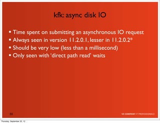 kfk: async disk IO

         Time spent on submitting an asynchronous IO request
         Always seen in version 11.2.0.1, lesser in 11.2.0.2*
         Should be very low (less than a millisecond)
         Only seen with ‘direct path read’ waits




         55

Thursday, September 20, 12
 