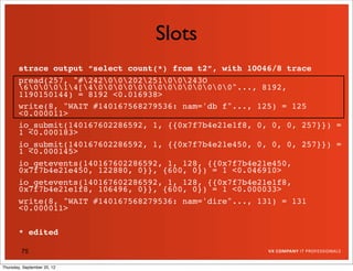 Slots
       strace output “select count(*) from t2”, with 10046/8 trace
       pread(257, "#2420020225100243O
       600014[400000000000000"..., 8192,
       1190150144) = 8192 <0.016938>
       write(8, "WAIT #140167568279536: nam='db f"..., 125) = 125
       <0.000011>
       io_submit(140167602286592, 1, {{0x7f7b4e21e1f8, 0, 0, 0, 257}}) =
       1 <0.000183>
       io_submit(140167602286592, 1, {{0x7f7b4e21e450, 0, 0, 0, 257}}) =
       1 <0.000145>
       io_getevents(140167602286592, 1, 128, {{0x7f7b4e21e450,
       0x7f7b4e21e450, 122880, 0}}, {600, 0}) = 1 <0.046910>
       io_getevents(140167602286592, 1, 128, {{0x7f7b4e21e1f8,
       0x7f7b4e21e1f8, 106496, 0}}, {600, 0}) = 1 <0.000033>
       write(8, "WAIT #140167568279536: nam='dire"..., 131) = 131
       <0.000011>

       * edited

         75

Thursday, September 20, 12
 