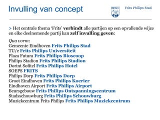 Invulling van concept >  Het centrale thema ‘Frits’  verbindt  alle partijen op een opvallende wijze en elke deelnemende partij kan  zelf invulling geven :  Qua vorm: Gemeente Eindhoven   Frits Philips Stad   TU/e  Frits Philips Universiteit Plaza Futura  Frits Philips Bioscoop Philips Stadion  Frits Philips Stadion Dorint Sofitel  Frits Philips Hotel SOEPS   FRITS Philips Dorp  Frits Philips Dorp Groot Eindhoven  Frits Philips Koerier Eindhoven Airport  Frits Philips Airport Beursgebouw  Frits Philips Ontspanningscentrum Stadsschouwburg  Frits Philips Schouwburg Muziekcentrum Frits Philips  Frits Philips Muziekcentrum 