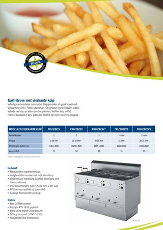 Inclusief
• Mechanische regelthermostaat
• Veiligheidsthermostaat met rode alarmlamp
• Elektronische ontsteking, brander beveiliging met 	
	 thermo-element
• Incl. frituurmanden 320x157x122 mm; 2 per kuip
• RVS frietvoorraadbak op bovenblad
• Analoge thermometer per kuip
Opties
• Rub-Oil filtersysteem
• Rugzijde RVS 18/10 gepolijst
• Extra kleine mand (301x160x120)
• Extra grote mand (315x315x120)
• Afwijkende kleur frontpaneel
FRI/2823V
Modellen vierkante kuip FRI/2821V FRI/2822V FRI/2823V* FRI/2821VS FRI/2822VS
Aantal kuipen 1 2 3 1+ silo 2+silo
Inhoud 1x 15 liter 2x 15 liter 3x 15 liter 15 liter 2x 15 liter
Afmetingen bxdxh mm 545 x 800 1020 x 800 1495 x 800 1020x800 1495x800
Verm. kW/h 15 30 45 15 30
*Alleen verkrijgbaar met gezet bovenblad
Gasfriteuse met vierkante kuip
Volledig roestvrijstalen constructie. Diepgetrokken of gezet bovenblad.
Verwarming d.m.v. Turbo-gasbrander. Op gesloten roestvrijstalen sokkel.
Vetlade per kuip op telescopische geleiders. Vetfilter kuip in RVS.
Front is standaard in RVS, gekleurde fronten zijn tegen meerprijs mogelijk.
 