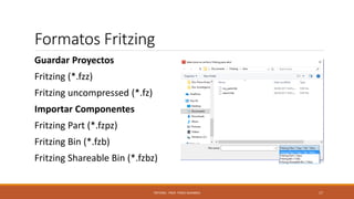 Formatos Fritzing
Guardar Proyectos
Fritzing (*.fzz)
Fritzing uncompressed (*.fz)
Importar Componentes
Fritzing Part (*.fzpz)
Fritzing Bin (*.fzb)
Fritzing Shareable Bin (*.fzbz)
FRITZING - PROF. PEREZ SANABRIA 17
 