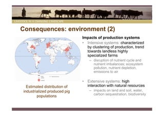Consequences: environment (2)
                              Impacts of production systems
                              • Intensive systems: characterized
                                by clustering of production, trend
                                towards landless highly
                                specialized farms
                                  – disruption of nutrient cycle and
                                    nutrient imbalances; ecosystem
                                    pollution, nutrient depletion,
                                    emissions to air

                              • Extensive systems: high
  Estimated distribution of     interaction with natural resources
industrialized produced pig       – impacts on land and soil, water,
                                    carbon sequestration, biodiversity
        populations
 