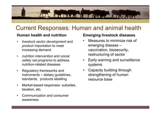 Current Responses: Human and animal health
Human health and nutrition              Emerging livestock diseases
•   livestock sector development and    • Measures to minimize risk of
    product importation to meet           emerging disease –
    increasing demand                     vaccination, biosecurity,
•   nutrition intervention and social     restructuring of sector
    safety net programs to address      • Early warning and surveillance
    nutrition-related diseases            systems
•   Regulatory frameworks and           • Capacity building through
    instruments – dietary guidelines,     strengthening of human
    standards, products labelling         resource base
•   Market-based responses: subsides,
    taxation, etc.
•   Communication and consumer
    awareness
 