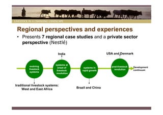 Regional perspectives and experiences
 • Presents 7 regional case studies and a private sector
   perspective (Nestlé)

                             India                          USA and Denmark


                           systems at
         evolving                                             post-livestock   Development
                             onset of        systems in
         livestock                                              revolution     continuum
                            livestock       rapid growth
          systems
                            revolution




traditional livestock systems:
     West and East Africa                Brazil and China
 