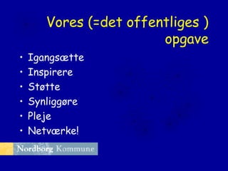 Vores (=det offentliges )
opgave
•
•
•
•
•
•

Igangsætte
Inspirere
Støtte
Synliggøre
Pleje
Netværke!

 