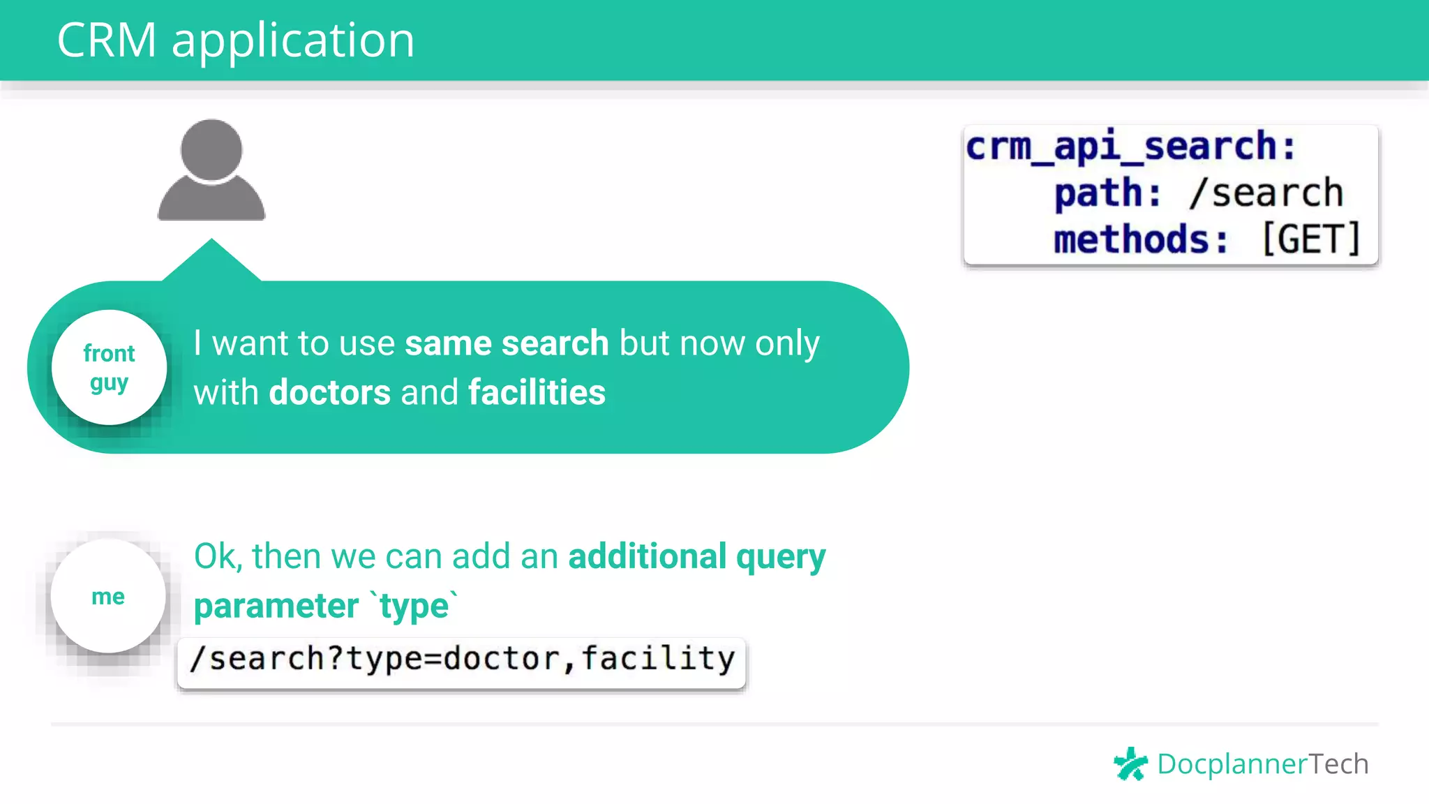 DocplannerTech
CRM application
front
guy
I want to use same search but now only
with doctors and facilities
Ok, then we can add an additional query
parameter `type`me
 