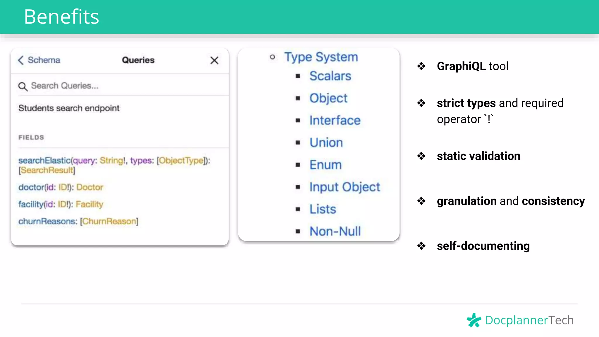 DocplannerTech
Benefits
❖ GraphiQL tool
❖ strict types and required
operator `!`
❖ static validation
❖ granulation and consistency
❖ self-documenting
 