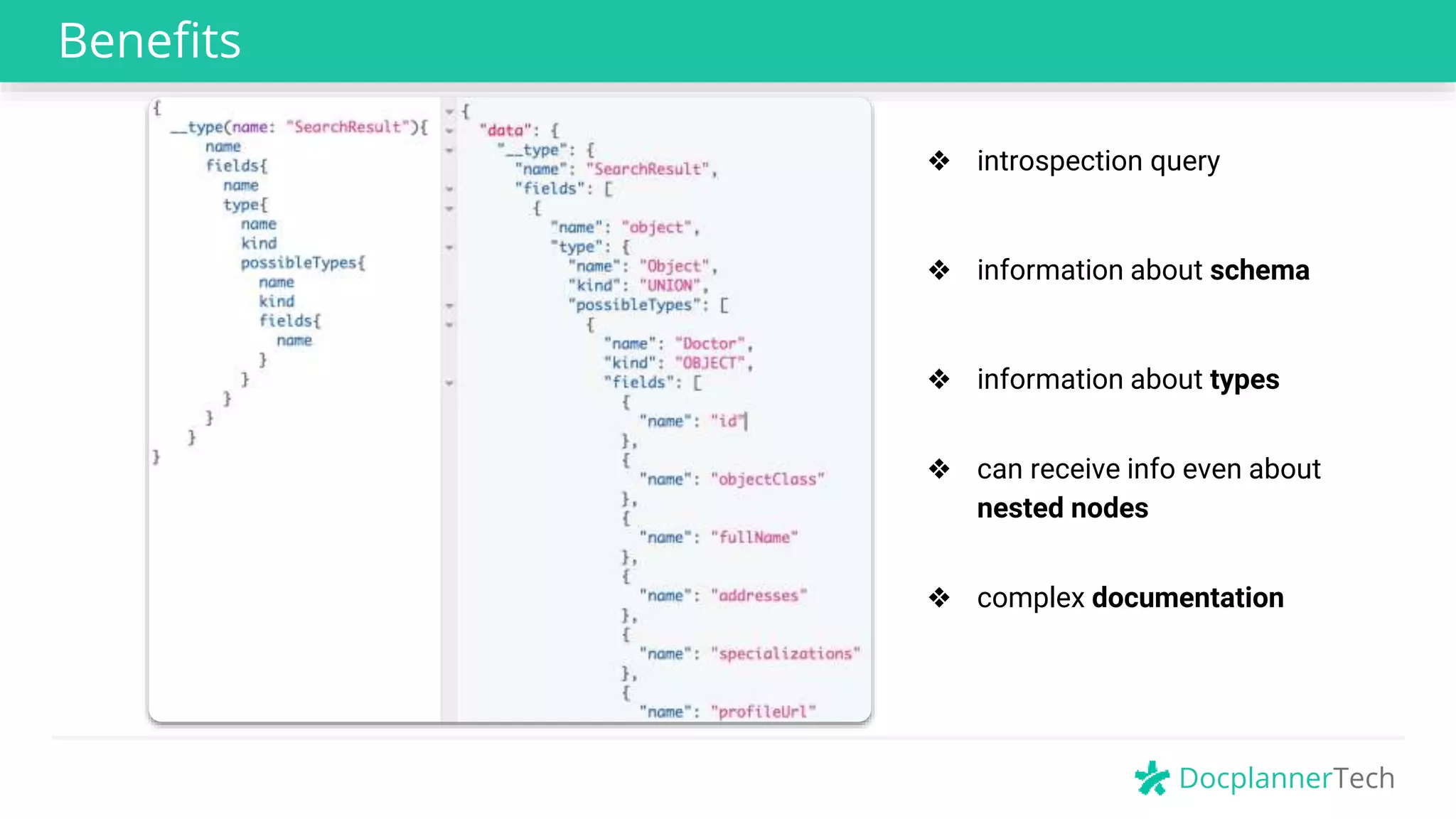 DocplannerTech
Benefits
❖ introspection query
❖ information about schema
❖ information about types
❖ can receive info even about
nested nodes
❖ complex documentation
 