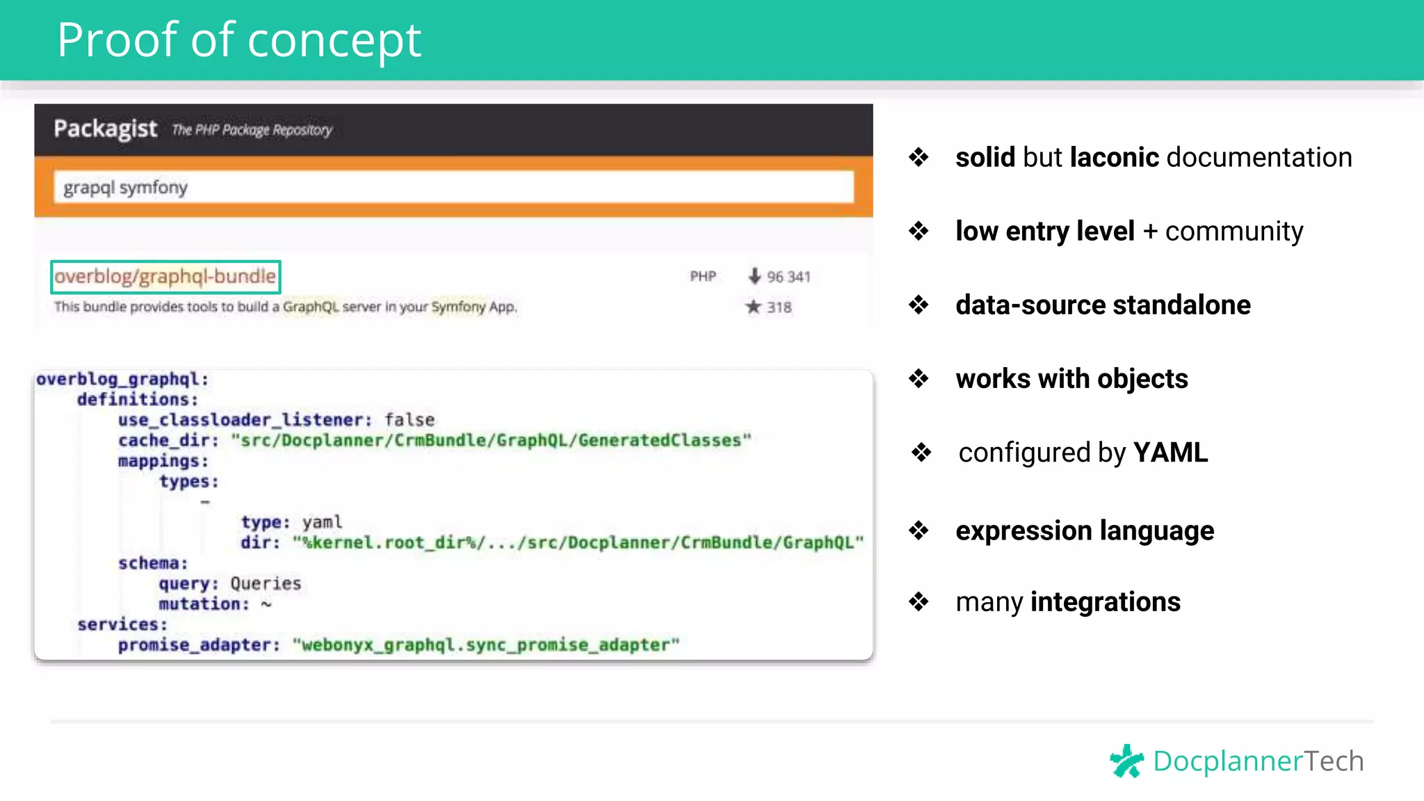 DocplannerTech
Proof of concept
❖ expression language
❖ configured by YAML
❖ works with objects
❖ data-source standalone
❖ low entry level + community
❖ solid but laconic documentation
❖ many integrations
 