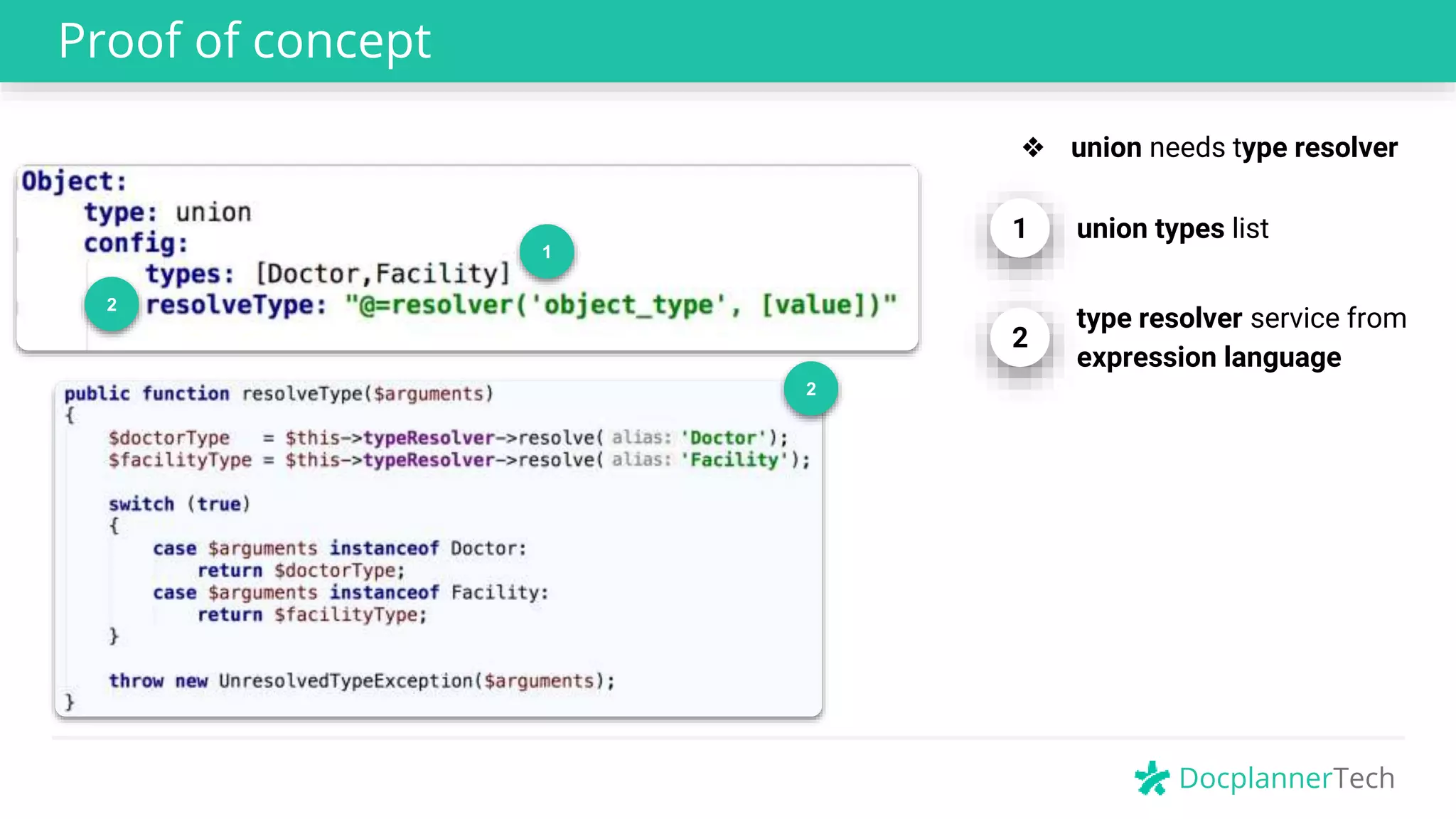 DocplannerTech
Proof of concept
2
type resolver service from
expression language
1
2
1 union types list
2
❖ union needs type resolver
 