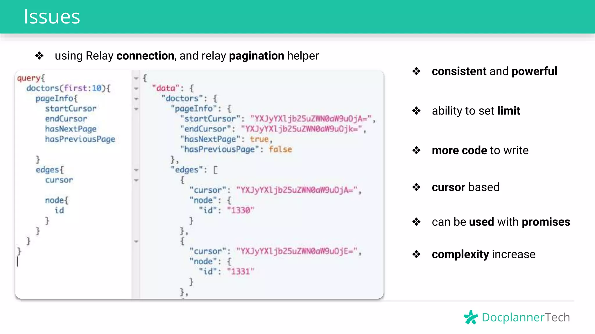 DocplannerTech
Issues
❖ consistent and powerful
❖ ability to set limit
❖ cursor based
❖ using Relay connection, and relay pagination helper
❖ more code to write
❖ can be used with promises
❖ complexity increase
 