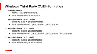 Copyright © 2025 Ivanti. All rights reserved. 31
Windows Third Party CVE Information
▪ 7-Zip 24.09.00.0
▪ 7ZIP-241129, Q7ZIP24900EXE
▪ Fixes 1 Vulnerability: CVE-2025-0411
▪ Google Chrome 137.0.7151.120
▪ CHROME-250617, QGC13707151120
▪ Fixes 2 Vulnerabilities: CVE-2025-6191, CVE-2025-6192
▪ Google Chrome 138.0.7204.50
▪ CHROME-250624, QGC1380720450
▪ Fixes 3 Vulnerabilities: CVE-2025-6555, CVE-2025-6556, CVE-2025-6557
▪ Google Chrome 138.0.7204.97
▪ CHROME-250630, QGC1380720497
▪ Fixes 1 Vulnerability: CVE-2025-6554
 