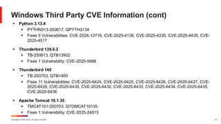 Copyright © 2025 Ivanti. All rights reserved. 34
Windows Third Party CVE Information (cont)
▪ Python 3.13.4
▪ PYTHN313-250617, QPYTH3134
▪ Fixes 5 Vulnerabilities: CVE-2024-12718, CVE-2025-4138, CVE-2025-4330, CVE-2025-4435, CVE-
2025-4517
▪ Thunderbird 139.0.2
▪ TB-250613, QTB13902
▪ Fixes 1 Vulnerability: CVE-2025-5986
▪ Thunderbird 140
▪ TB-250703, QTB1400
▪ Fixes 11 Vulnerabilities: CVE-2025-6424, CVE-2025-6425, CVE-2025-6426, CVE-2025-6427, CVE-
2025-6429, CVE-2025-6430, CVE-2025-6432, CVE-2025-6433, CVE-2025-6434, CVE-2025-6435,
CVE-2025-6436
▪ Apache Tomcat 10.1.35
▪ TMCAT101-250703, QTOMCAT10135
▪ Fixes 1 Vulnerability: CVE-2025-24813
 