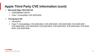 Copyright © 2025 Ivanti. All rights reserved. 38
Apple Third Party CVE Information (cont)
▪ Microsoft Edge 138.0.3351.65
▪ CHROMEMAC-250701
▪ Fixes 1 Vulnerability: CVE-2025-6554
▪ Thunderbird 140
▪ TB-250703
▪ Fixes 11 Vulnerabilities: CVE-2025-6424, CVE-2025-6425, CVE-2025-6426, CVE-2025-6427,
CVE-2025-6429, CVE-2025-6430, CVE-2025-6432, CVE-2025-6433, CVE-2025-6434, CVE-2025-
6435, CVE-2025-6436
 