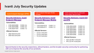 Copyright © 2025 Ivanti. All rights reserved. 7
Ivanti Endpoint Manager (EPM)
Ivanti Endpoint Manager Mobile
(EPMM)
Security Advisory: Ivanti
Endpoint Manager
Ivanti Connect Secure (ICS) and
Ivanti Policy Secure (IPS)
Ivanti July Security Updates
Special thanks to the security researchers, ethical hackers, and the broader security community for partnering
with us to improve the security of our products.
Security Advisory: Ivanti
Endpoint Manager Mobile
Vulnerabilities:
• CVE-2025-6770 CVSS: 7.2
• CVE-2025-6771 CVSS: 7.2
Affected Versions:
• 12.5.0.1 and prior
• 12.4.0.2 and prior
• 12.3.0.2 and prior
Security Advisory: Ivanti ICS
and IPS
Vulnerabilities:
• CVE-2025-5450 CVSS: 6.3
• CVE-2025-5451 CVSS: 4.9
• CVE-2025-5463 CVSS: 5.5
• CVE-2025-5464 CVSS: 6.5
• CVE-2025-0293 CVSS: 6.6
• CVE-2025-0292 CVSS: 5.5
Affected Versions:
• ICS: 22.7R2.7 and prior
• IPS: 22.7R1.4 and prior
Vulnerabilities:
• CVE-2025-6995 CVSS: 8.4
• CVE-2025-6996 CVSS: 8.4
• CVE-2025-7037 CVSS: 7.2
Affected Versions:
• 2022 SU8 and prior
• 2024 SU2 and prior
 