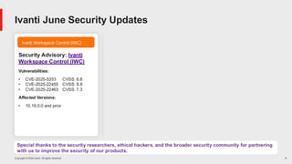 Copyright © 2025 Ivanti. All rights reserved. 9
Ivanti Workspace Control (IWC) Ivanti Neurons for MDM (N-MDM)
Security Advisory: Ivanti
Workspace Control (IWC)
Vulnerabilities:
• CVE-2025-5353 CVSS: 8.8
• CVE-2025-22455 CVSS: 8.8
• CVE-2025-22463 CVSS: 7.3
Affected Versions:
• 10.19.0.0 and prior
Security Advisory: Ivanti
Neurons for MDM (N-MDM)
Ivanti June Security Updates
Vulnerability:
• An improper check for dropped
privileges allows a remote
authenticated attacker with admin
privileges to retain their session
• Does not meet the criteria for
reserving a CVE number
• CVSS: 6.7
Affected Versions:
• R110 and prior
Special thanks to the security researchers, ethical hackers, and the broader security community for partnering
with us to improve the security of our products.
 