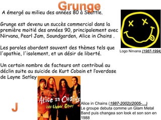A émergé au milieu des années 80 à Seattle.
Grunge est devenu un succès commercial dans la
première moitié des années 90, principalement avec
Nirvana, Pearl Jam, Soundgarden, Alice in Chains .
Les paroles abordent souvent des thèmes tels que
l'apathie, l'isolement, et un désir de liberté.
Un certain nombre de facteurs ont contribué au
déclin suite au suicide de Kurt Cobain et l’overdose
de Layne Satley
Logo Nirvana (1987-1994)
Alice in Chains (1987-2002)(2005-…)
Le groupe debuta comme un Glam Metal
Band puis changea son look et son son en
1988
 