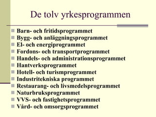 De tolv yrkesprogrammen Barn- och fritidsprogrammet Bygg- och anläggningsprogrammet El- och energiprogrammet Fordons- och transportprogrammet Handels- och administrationsprogrammet Hantverksprogrammet Hotell- och turismprogrammet Industritekniska programmet Restaurang- och livsmedelsprogrammet Naturbruksprogrammet VVS- och fastighetsprogrammet Vård- och omsorgsprogrammet 