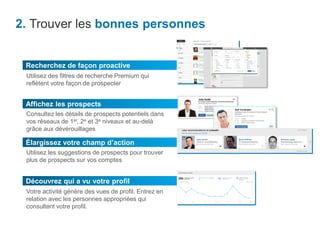 Découvrez qui a vu votre profil
2. Trouver les bonnes personnes
Affichez les prospects
Consultez les détails de prospects potentiels dans
vos réseaux de 1er, 2e et 3e niveaux et au-delà
grâce aux dévérouillages
Élargissez votre champ d’action
Utilisez les suggestions de prospects pour trouver
plus de prospects sur vos comptes
Votre activité génère des vues de profil. Entrez en
relation avec les personnes appropriées qui
consultent votre profil.
Recherchez de façon proactive
Utilisez des filtres de recherche Premium qui
reflètent votre façon de prospecter
 