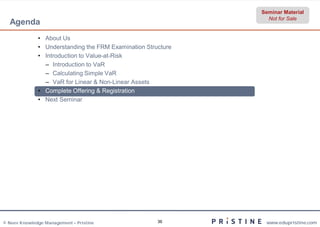 Seminar Material
                                                                Not for Sale
  Agenda
              • About Us
              • Understanding the FRM Examination Structure
              • Introduction to Value-at-Risk
                – Introduction to VaR
                – Calculating Simple VaR
                – VaR for Linear & Non-Linear Assets
              • Complete Offering & Registration
              • Next Seminar




© Neev Knowledge Management – Pristine                36       www.edupristine.com
 