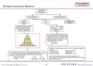 Seminar Material
                                                                                                                                                                Not for Sale
  Sample Innovative Material
                                                                                  Probability
                                                                                 Distributions


                                                           Normal Distribution                                        Binomial Distribution


                                         Normal                                                                                               Skewness and
                                                                                           Z-Score
                                                                                             Score
                                       Distribution                                                                                             Kurtosis


                           • Described by mean & variance                                                     No. of σ a given
                           • Symmetric about its mean                                                         observation is away
                           • Standard Normal Distribution                                                     from population mean.
                                - Mean = 0; Variance =1                                                            Z=(x-µ)/σ


                                                                                                      Q. At a particular time, the market value
                                                                                                      of assets of the firm is $100 Mn and the
                                                                                                      market value of debt is $80 Mn. The
                                                    68% of Data                                       standard deviation of assets is $ 10 Mn.
                                                                                                      What is the distance to default?
                                                                                                      Ans. z = (A-K) / σA
                                                    95% of Data                                              = (100-80)/10
                                                                                                             =2
                                                    99.7% of Data

                            -4    -3    -2     -1         0         1   2   3    4

                                                                                                          Q. Which of the following is likely to be a probability distribution
                                                                                                          function?
                                                                                                          For X=[1,2,3,4,5],           Prob[Xi]= 49/(75-Xi2)
            If Z is a standard normal R.V. An event X is defined to happen if either -1< Z < 1 or         For X=[0,5,10,15],           Prob[Xi]= Xi/30
            Z > 1.5. What is the prob. of event X happening if N (1) =0.8413, N (0.5) = 0.6915            For X=[1,4,9,16,25],         Prob[Xi]= [(X i)1/2 – 1]/5
            and N (-1.5) = 0.0668, where N is the CDF of a standard normal variable?
            Ans. P(X)= P(-1< Z < 1) + P(Z > 1.5)                                                          Ans. The correct answer is For X=[0,5,10,15], Prob[Xi]= Xi/30
                       = N(1)-(1-N(1)) + N(-1.5)
                       = 2*0.8413-1 + 0.0668                                                              For all values of X, probability lies within [0,1] and sum of all the
                       = 0.7494                                                                           probabilities is equal to 1.
                                                                -1      +1               1.5



© Neev Knowledge Management – Pristine                                                           48                                                              www.edupristine.com
 