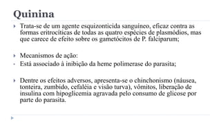 Quinina
 Trata-se de um agente esquizonticida sanguíneo, eficaz contra as
formas eritrocíticas de todas as quatro espécies de plasmódios, mas
que carece de efeito sobre os gametócitos de P. falciparum;
 Mecanismos de ação:
• Está associado à inibição da heme polimerase do parasita;
 Dentre os efeitos adversos, apresenta-se o chinchonismo (náusea,
tonteira, zumbido, cefaléia e visão turva), vômitos, liberação de
insulina com hipoglicemia agravada pelo consumo de glicose por
parte do parasita.
 