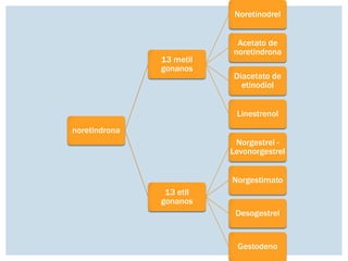 noretindrona
13 metil
gonanos
Noretinodrel
Acetato de
noretindrona
Diacetato de
etinodiol
Linestrenol
13 etil
gonanos
Norgestrel -
Levonorgestrel
Norgestimato
Desogestrel
Gestodeno
 
